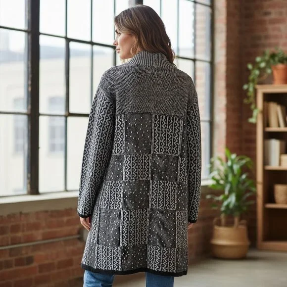 J. Jill Womens Black & White Patchwork Open Front Long Cardigan Sweater Large - Picture 2 of 15